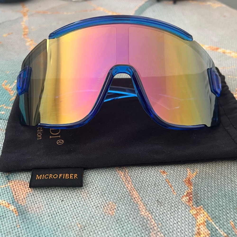Blue Shield Sunglasses with Mirrored Rainbow Lens